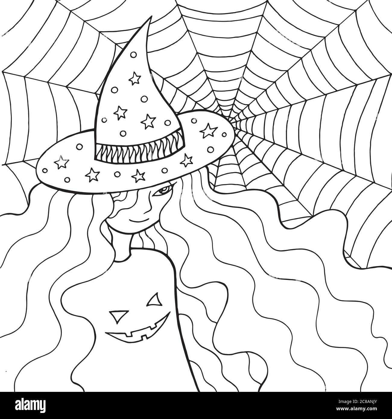 Witch girl in the hat and web doodle coloring page for adults about halloween vector illustration stock vector image art