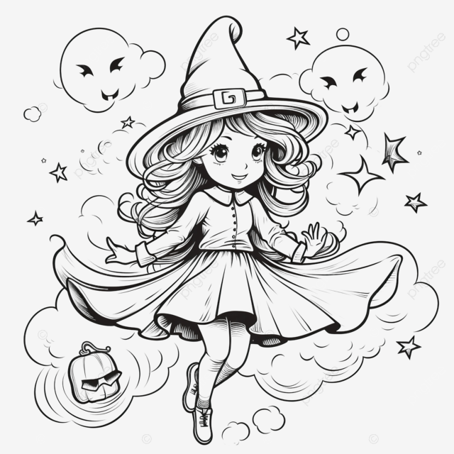 Halloween flying witch line art illustration for coloring page line art halloween coloring pages png transparent image and clipart for free download