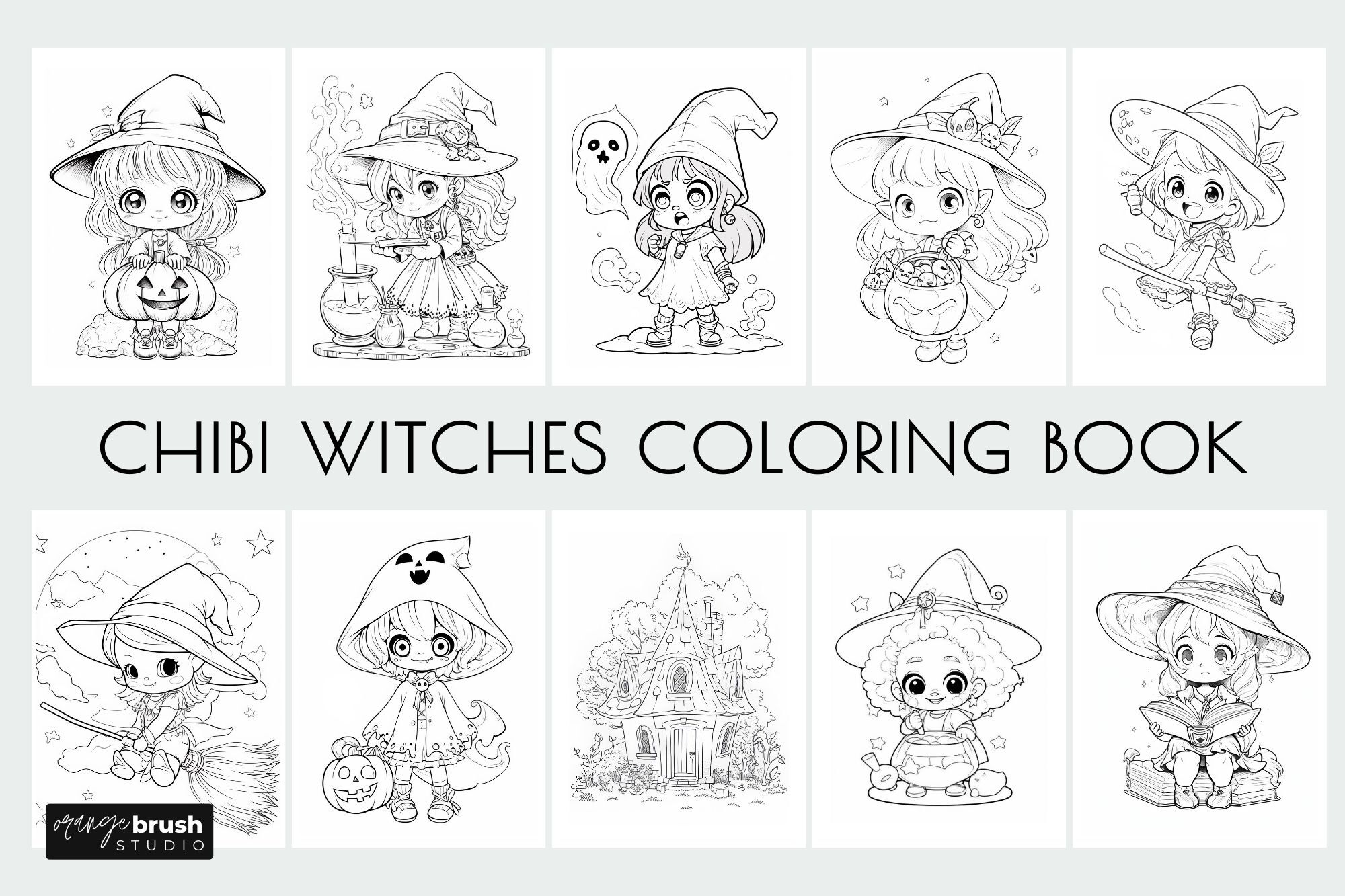 Chibi witch halloween coloring book for kids by orange brush studio