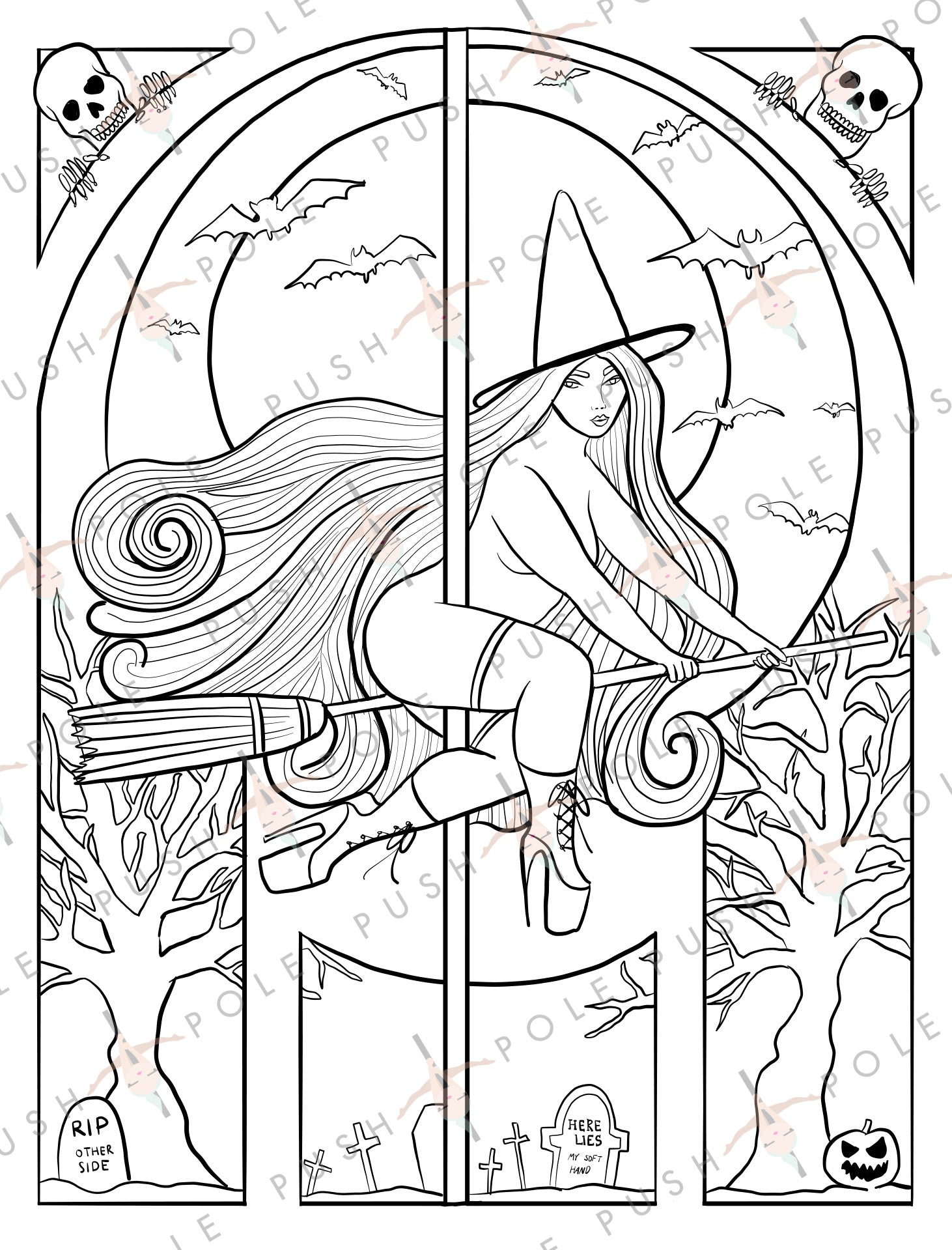 Witch halloween pole dancer digital coloring page x â push and pole