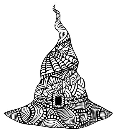 Witch hat coloring page with many pattern for children and adults isolated on white background doodle style element for design