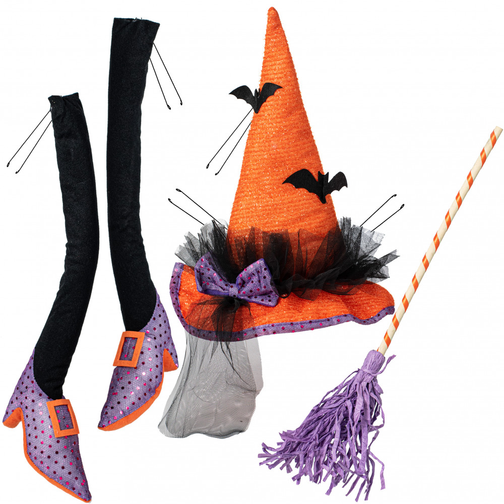 Witch hat legs broom wreath accent kit black orange purple hh