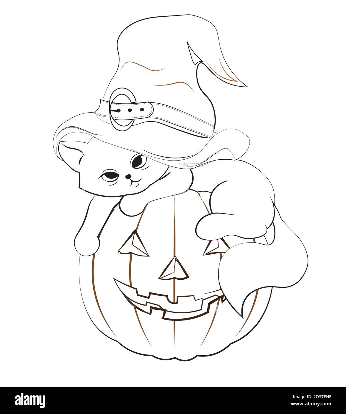 Coloring book halloween cat in witch hat kitten on pumpkin picture in hand drawing cartoon style for t