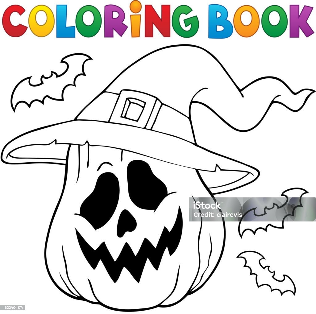 Coloring book pumpkin in witch hat stock illustration