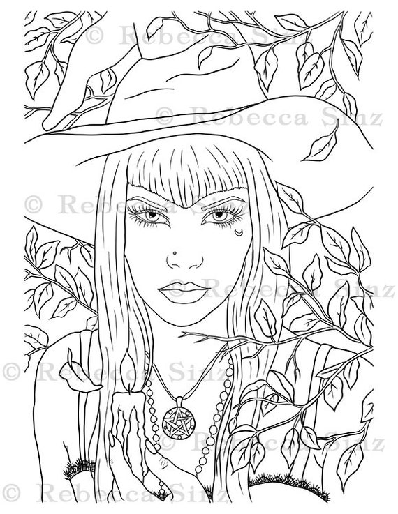 Coloring page printable gothic witch hat autumn leaves halloween fantasy art adult coloring instant digital download line art printable