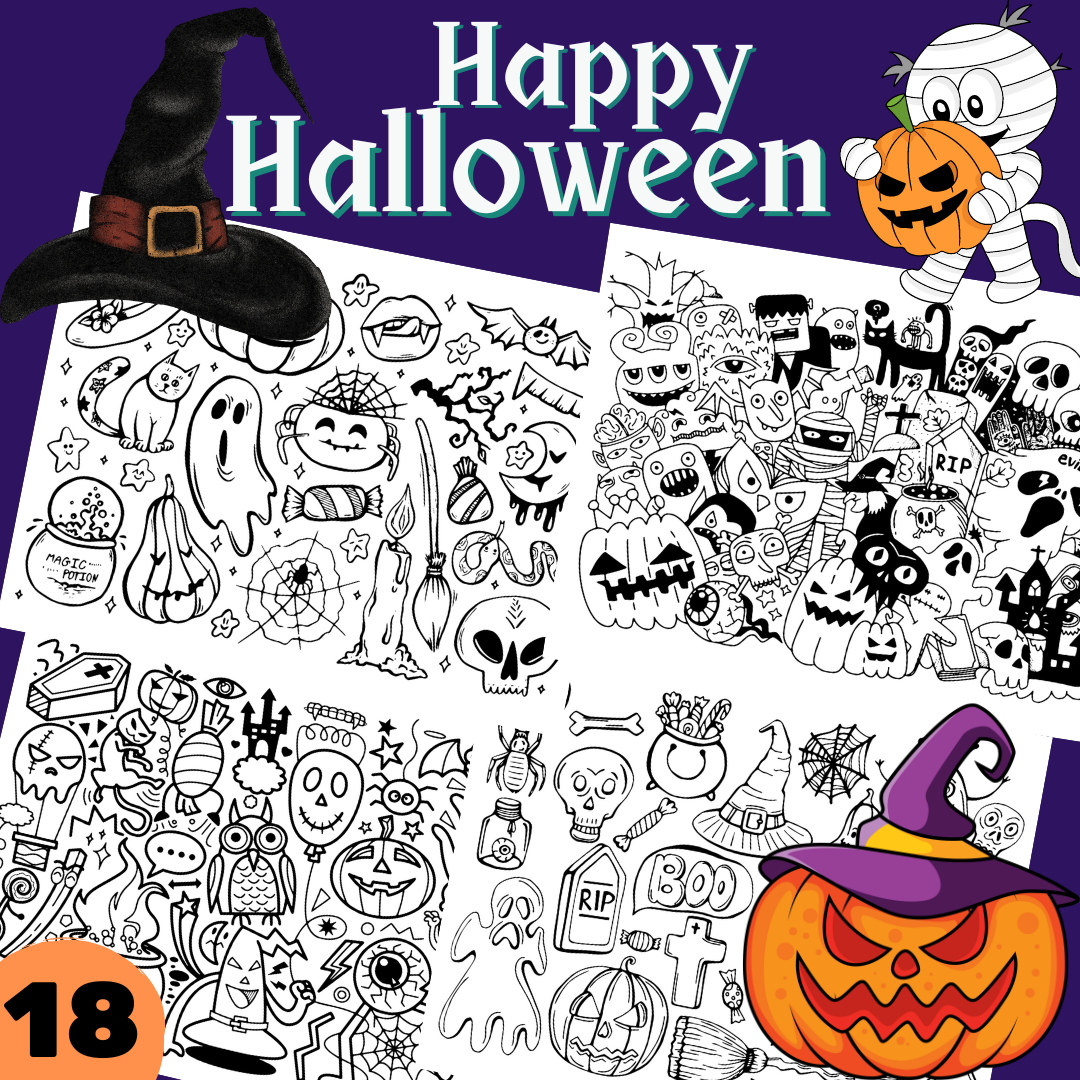 Halloween ghost witch hat cat pumpkinspooky objects doodle coloring pages happy halloween made by teachers