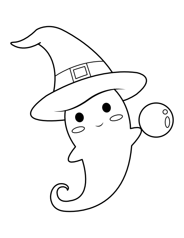 Printable ghost wearing witch hat coloring page