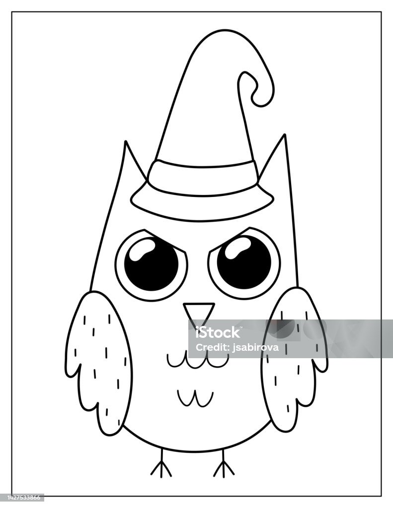 Spooky owl in a witch hat coloring page for kids stock illustration