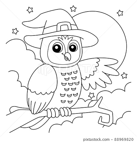 Owl witch hat halloween coloring page for kids