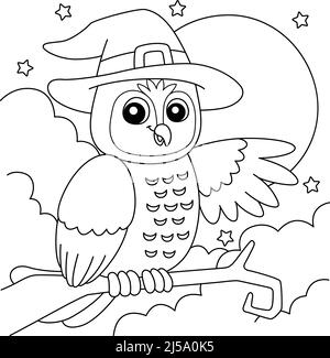 Owl witch hat halloween coloring page for kids stock vector image art