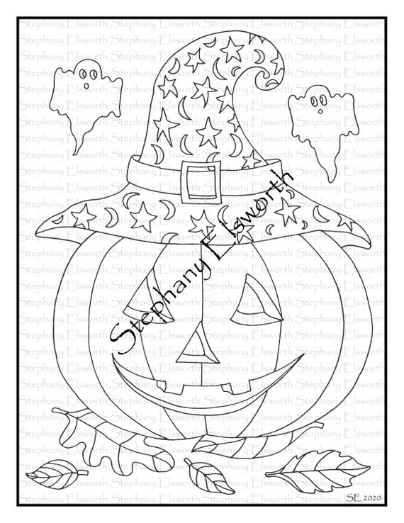 Pumpkin in witch hat x instant download printable coloring page