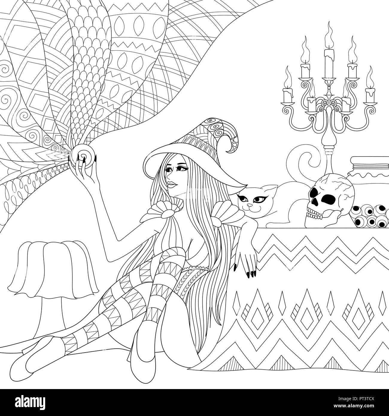 Colouring pages coloring book for adults halloween girl or witch with crystal ball horror background with skullcandles and cat antistress freeh stock vector image art