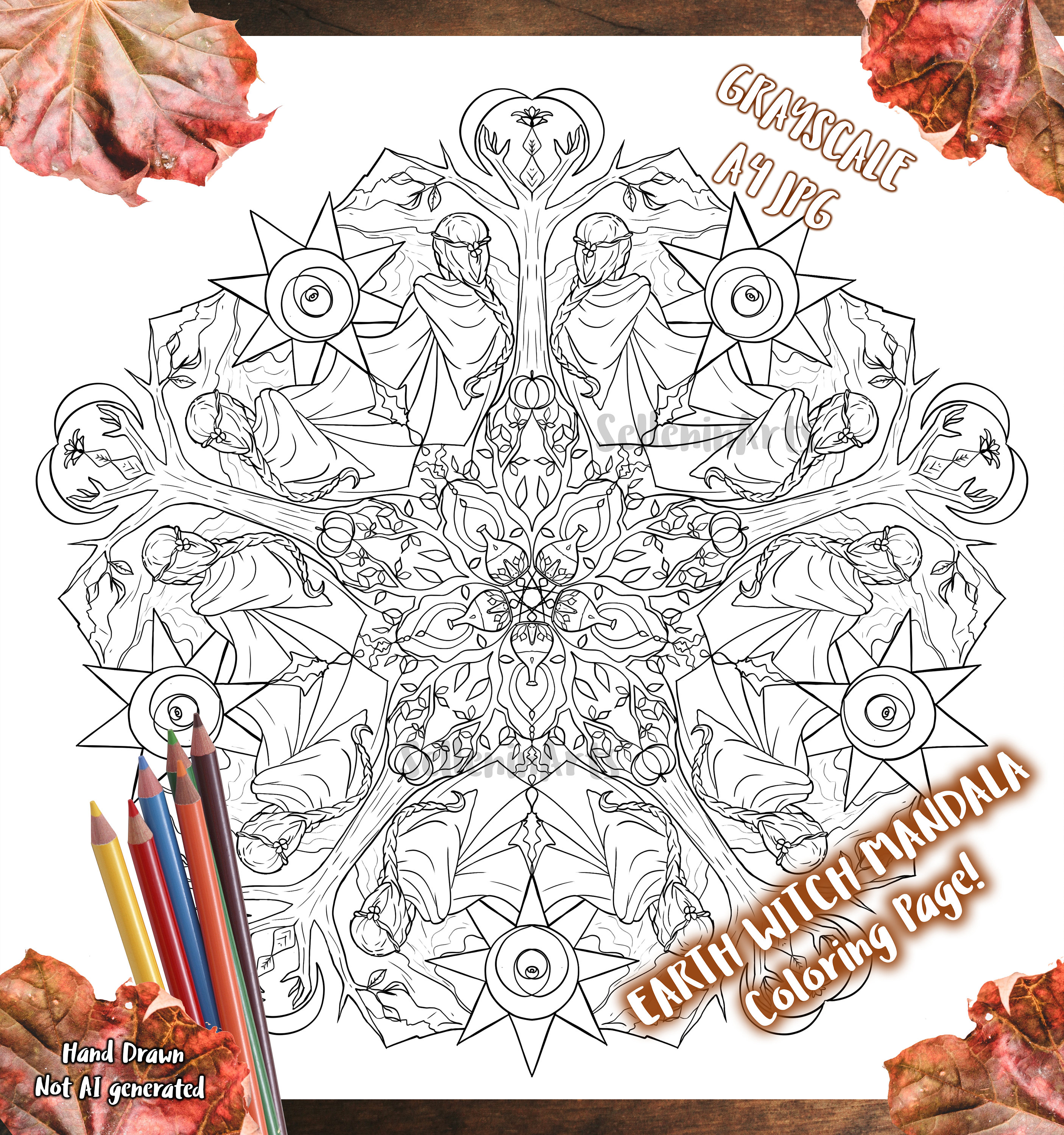 Printable earth witch mandala mystical coloring page all ages spiritual wall art mystic tribal coloring mandala art elemental art