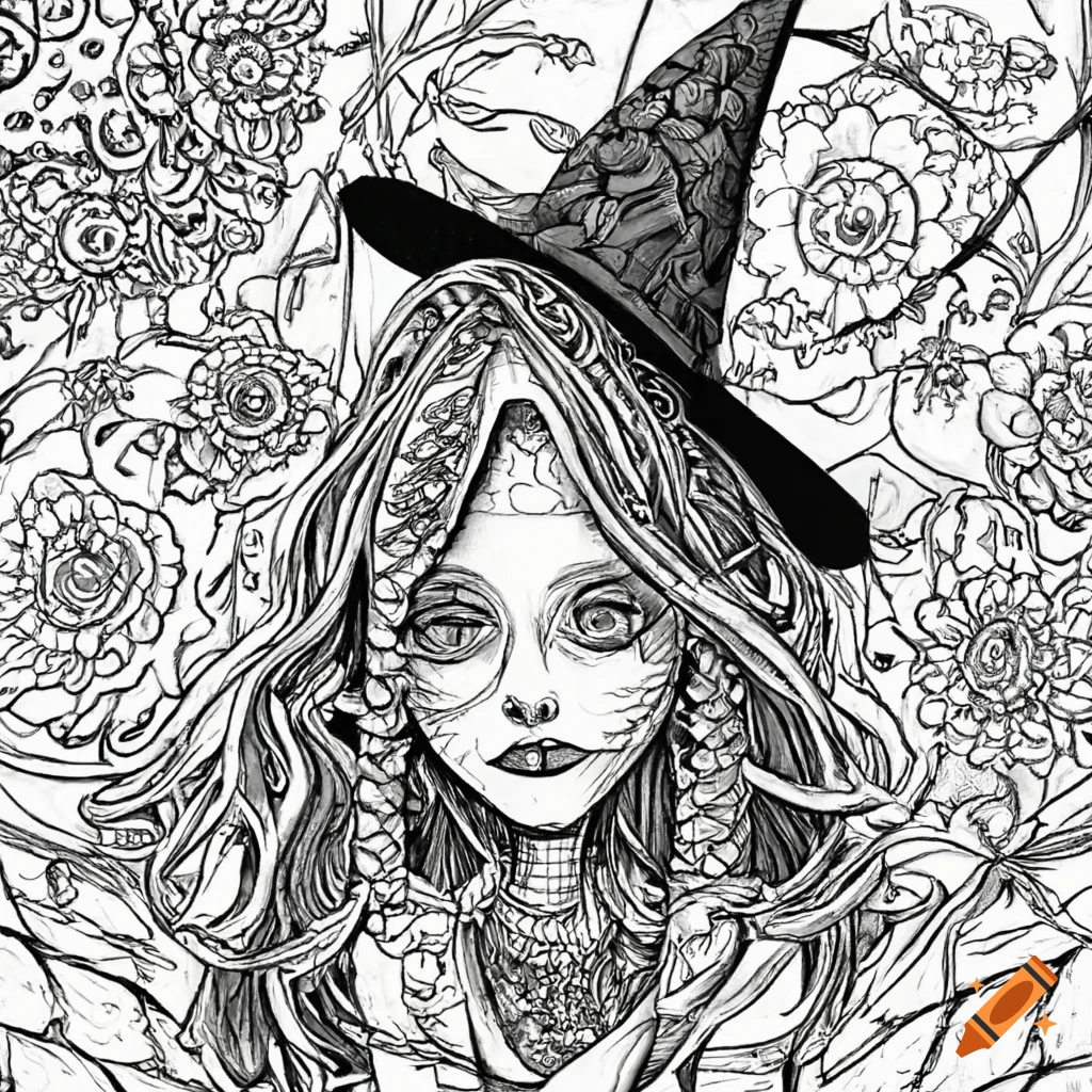 Colouring page of a witch standing outside her cottage on