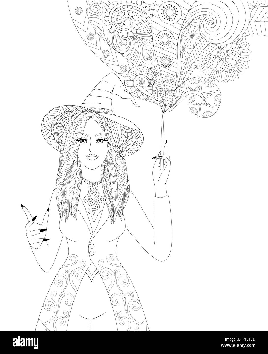 Colouring pages coloring book for adults halloween girl or witch spelling magic antistress freehand sketch drawing with doodle and mandala element stock vector image art