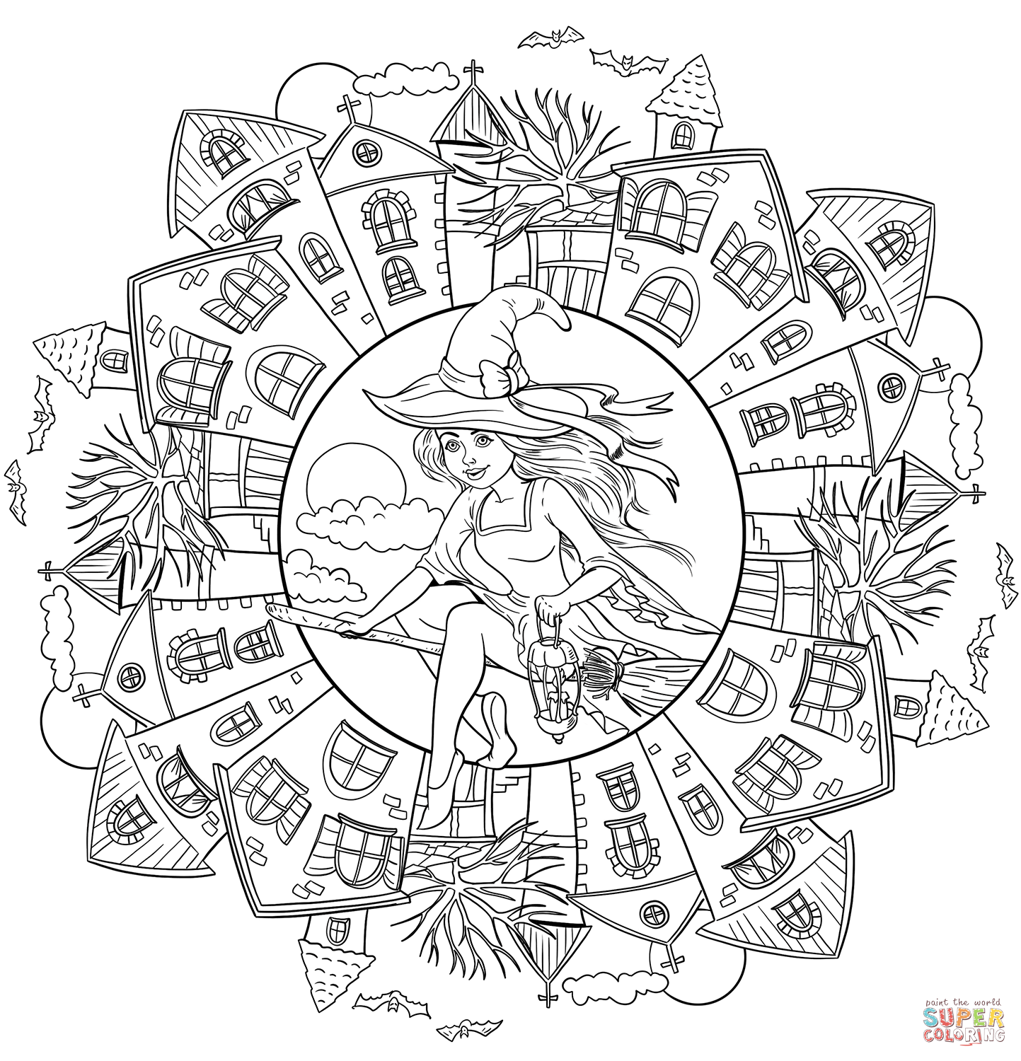 Halloween mandala with a witch in the village coloring page free printable coloring pages