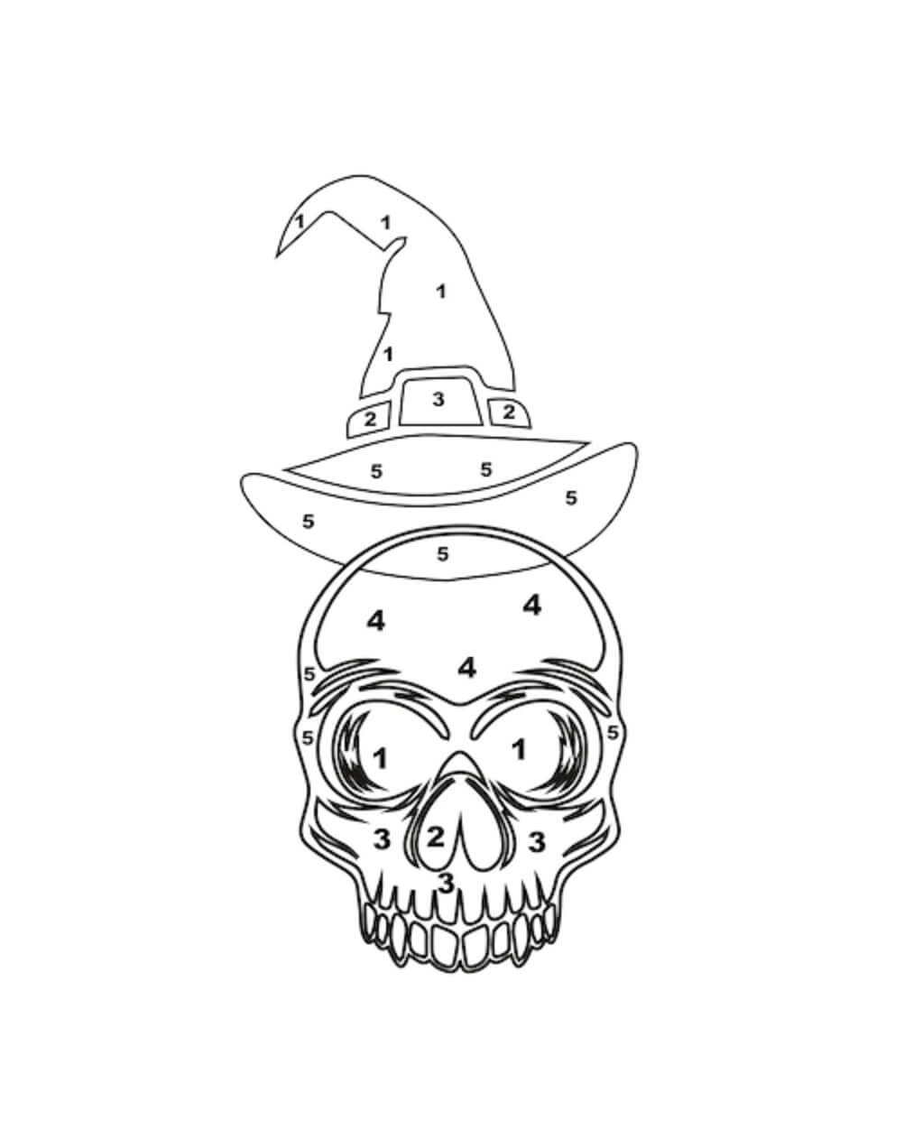 Skull with witch hat in halloween mandala coloring page