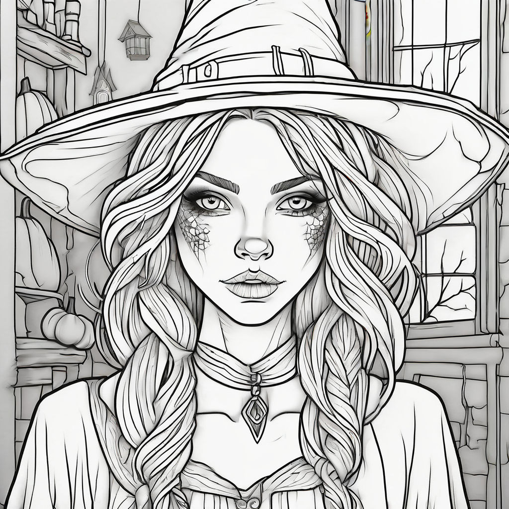 Coloring page of a witch on halloween