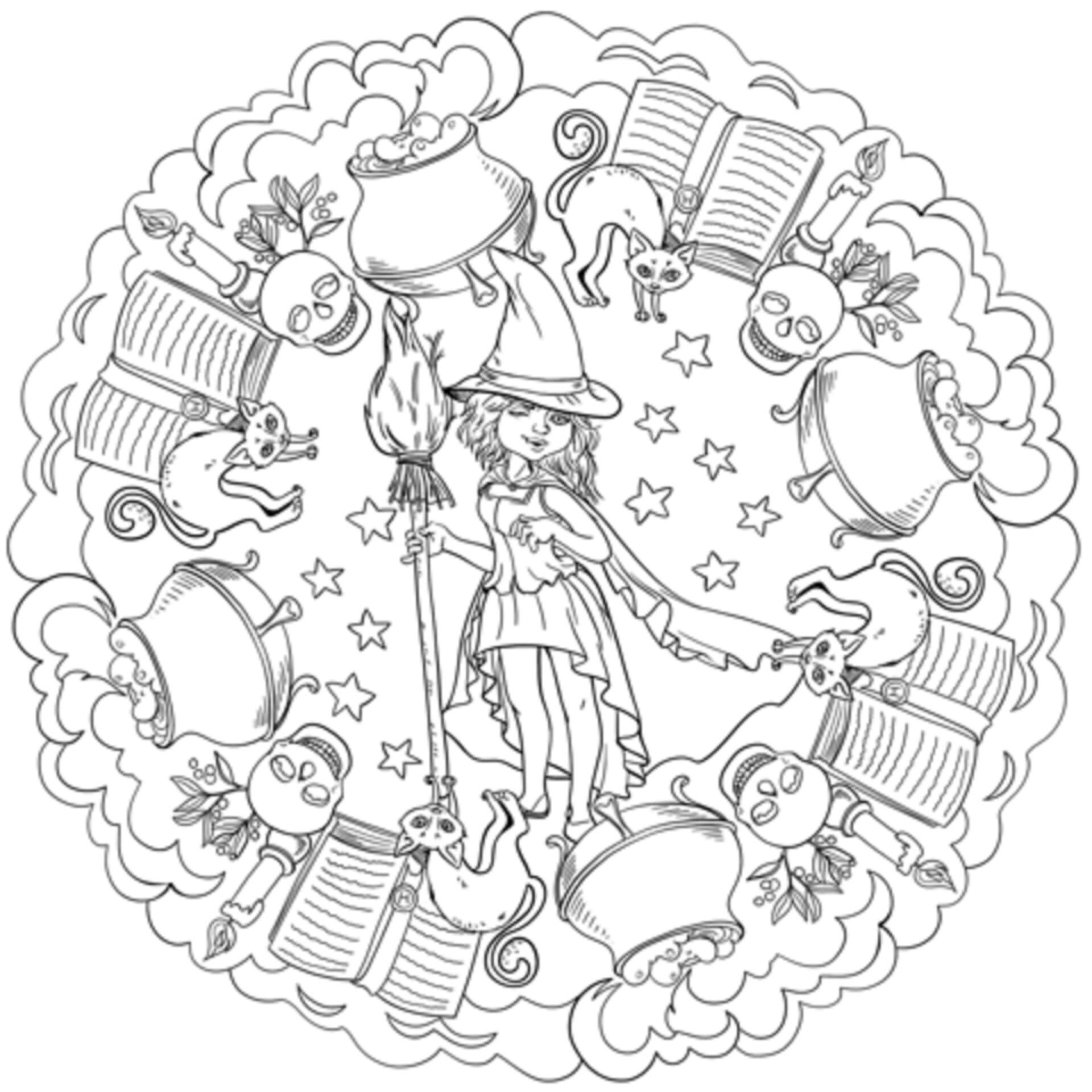 Witch in halloween mandala coloring page