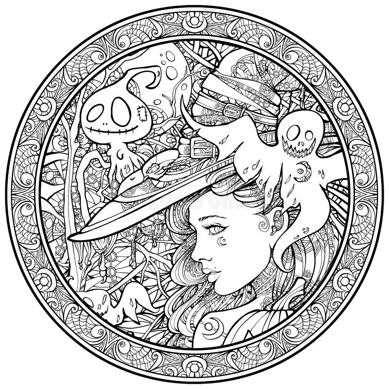 Witch surrounded by friendly ghosts ornametn frame stock illustration