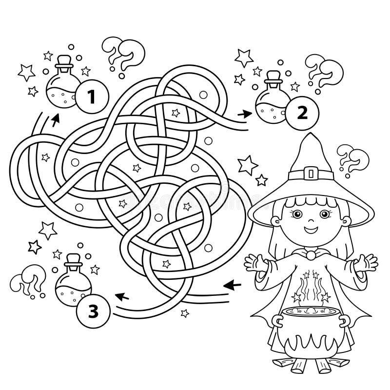 Maze or labyrinth game puzzle tangled road coloring page outline of cartoon little witch with magical pot stock vector