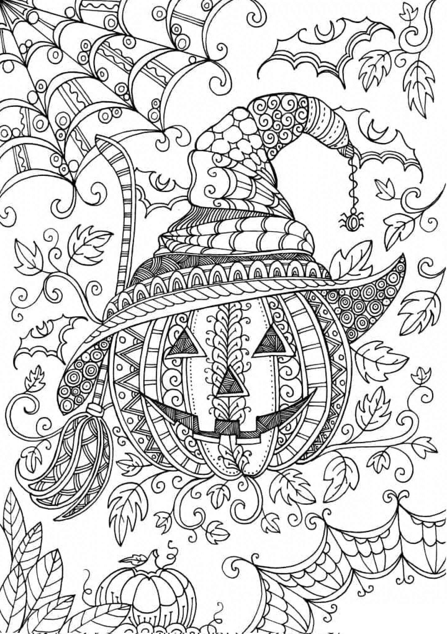 Pumpkin wearing witch hat in halloween mandala coloring page