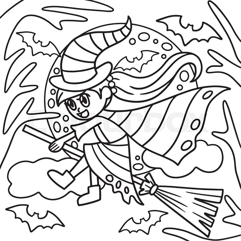 Witch riding on a broom halloween coloring page stock vector