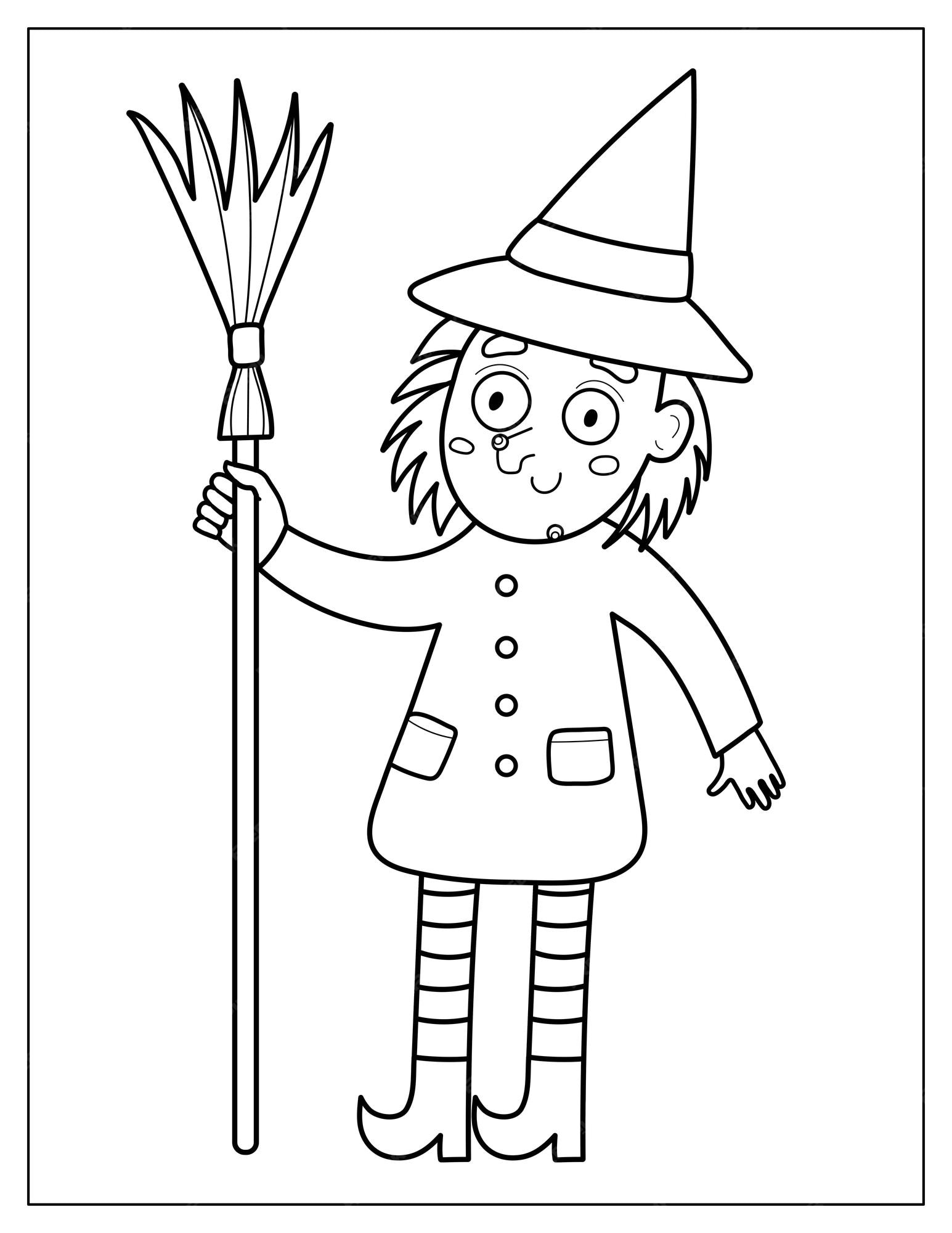 Premium vector halloween coloring page with a cute witch spooky print in cartoon style for coloring book vector