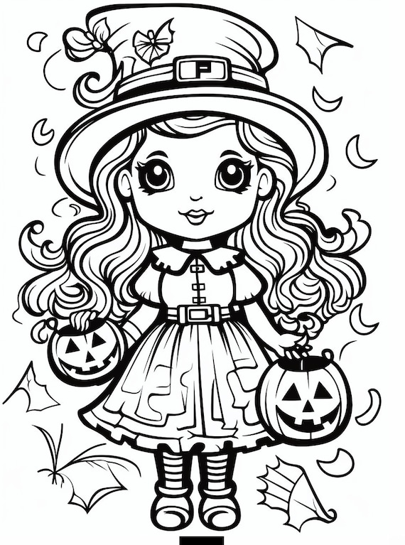 Happy halloween cute witch coloring book page image for kids students or trick