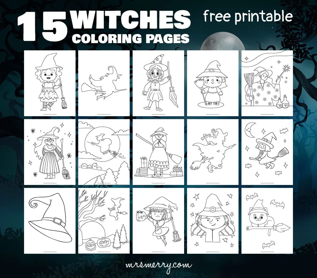 Halloween witch coloring pages printable mrs merry