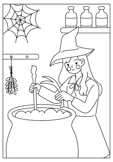 Premium vector cute halloween witch coloring page for kids printable