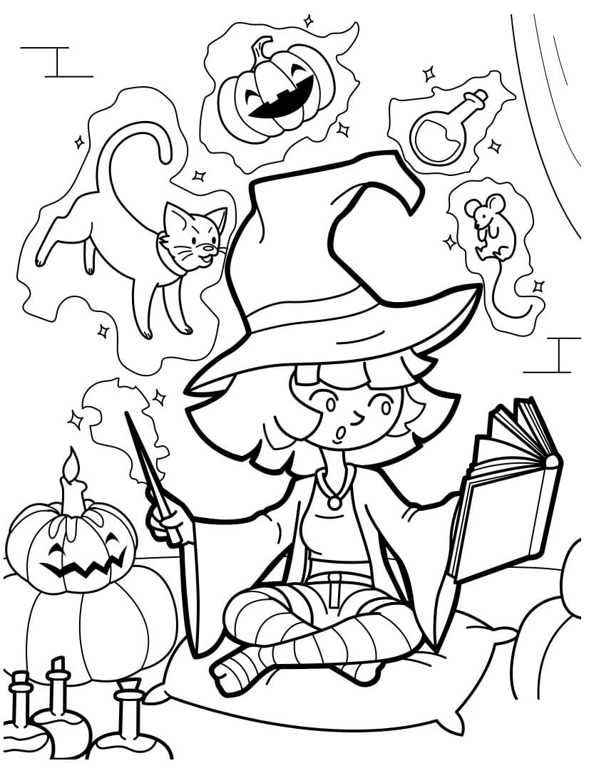 Cute witch with magic coloring page