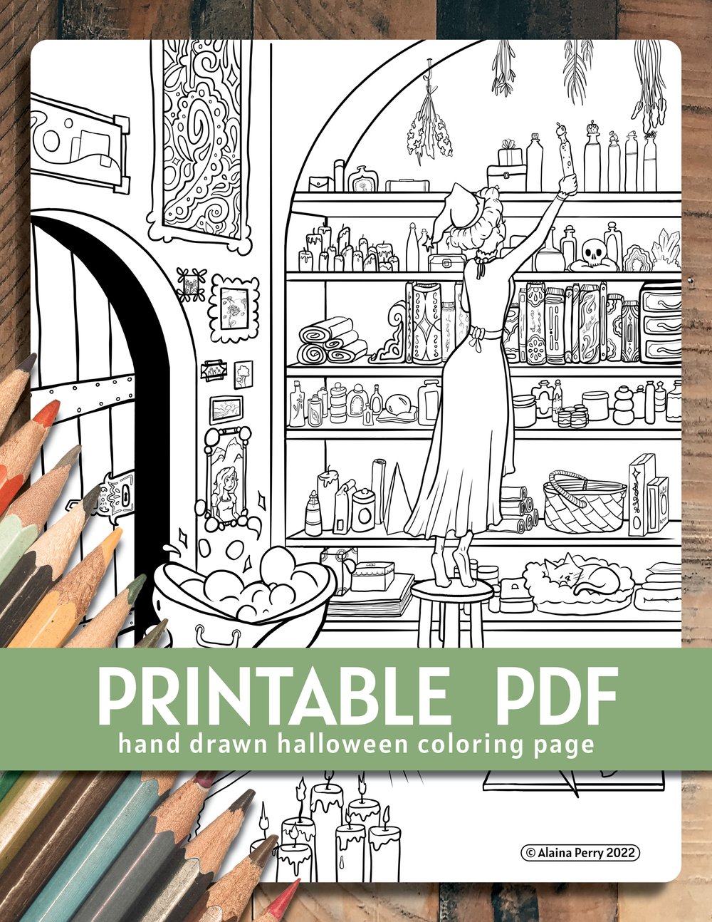 Halloween coloring page witch in a potion room