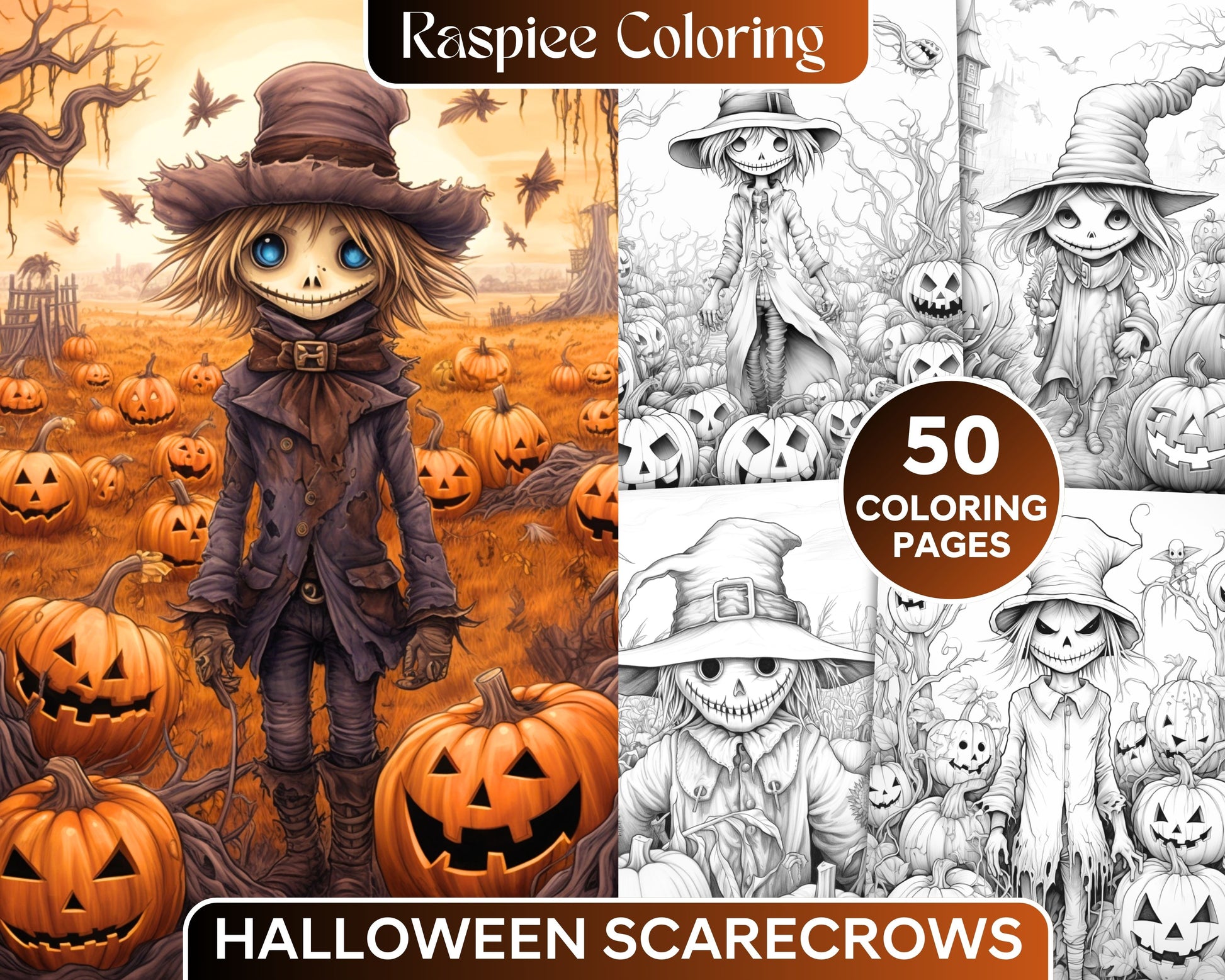 Halloween scarecrows grayscale coloring pages printable for adults â coloring