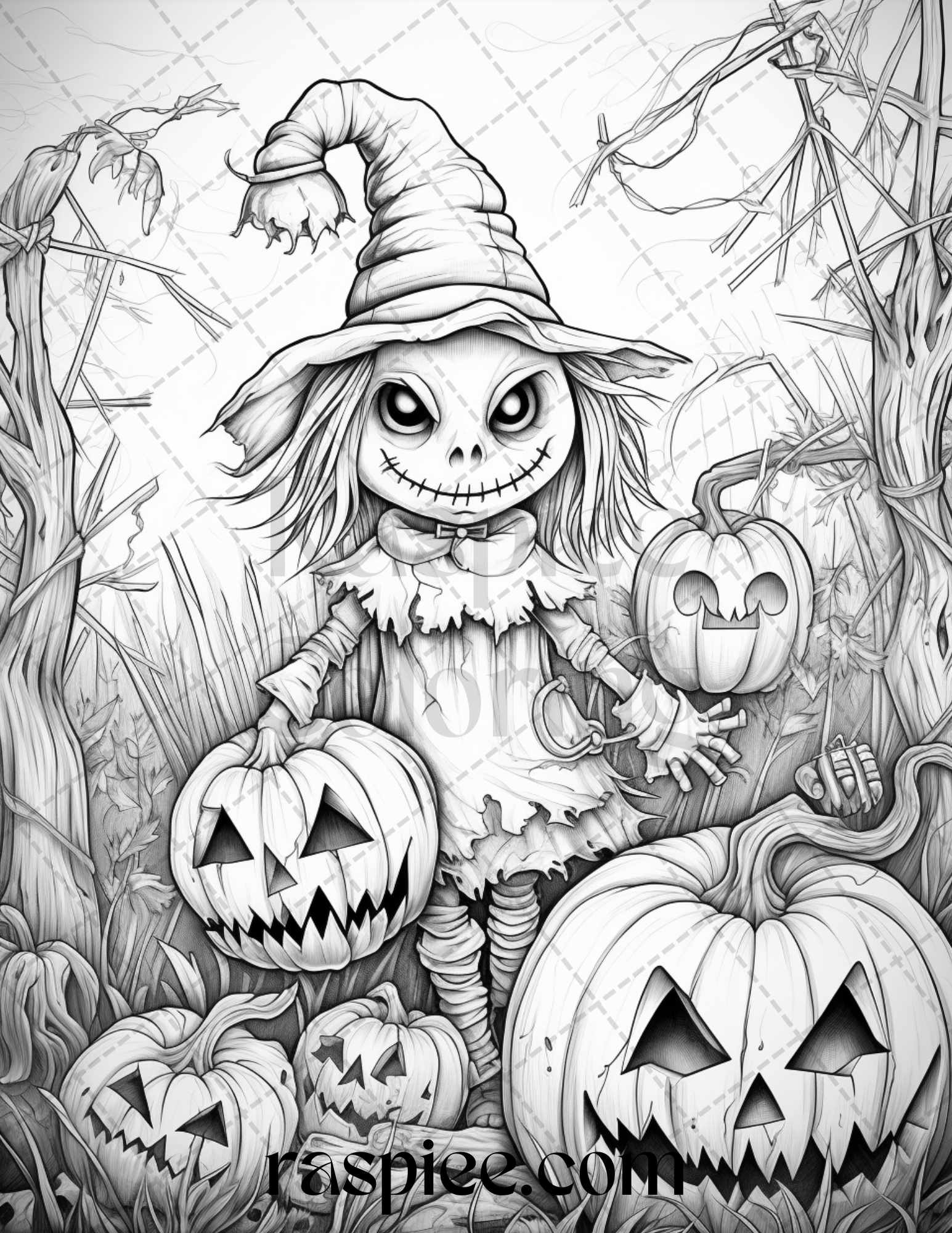 Halloween scarecrows grayscale coloring pages printable for adults â coloring