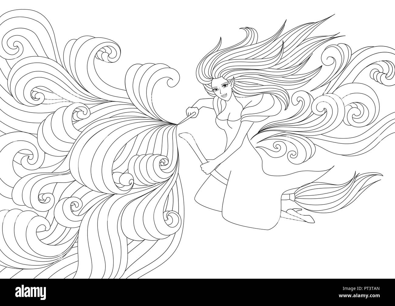 Halloween coloring pages coloring book for adults beautiful witch spelling with scrolling magic antistress freehand sketch drawing with doodle and stock vector image art