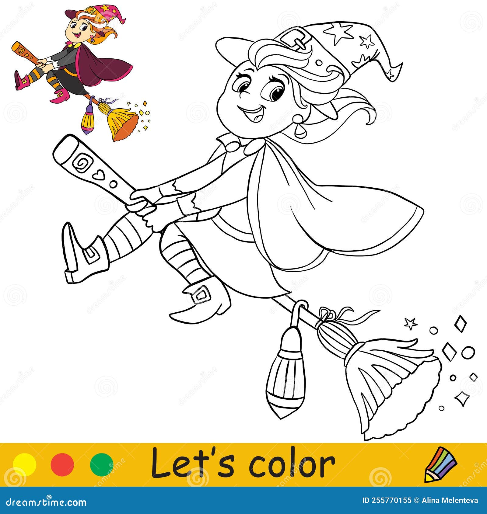 Kids coloring with template a halloween witch on a broomstick stock vector