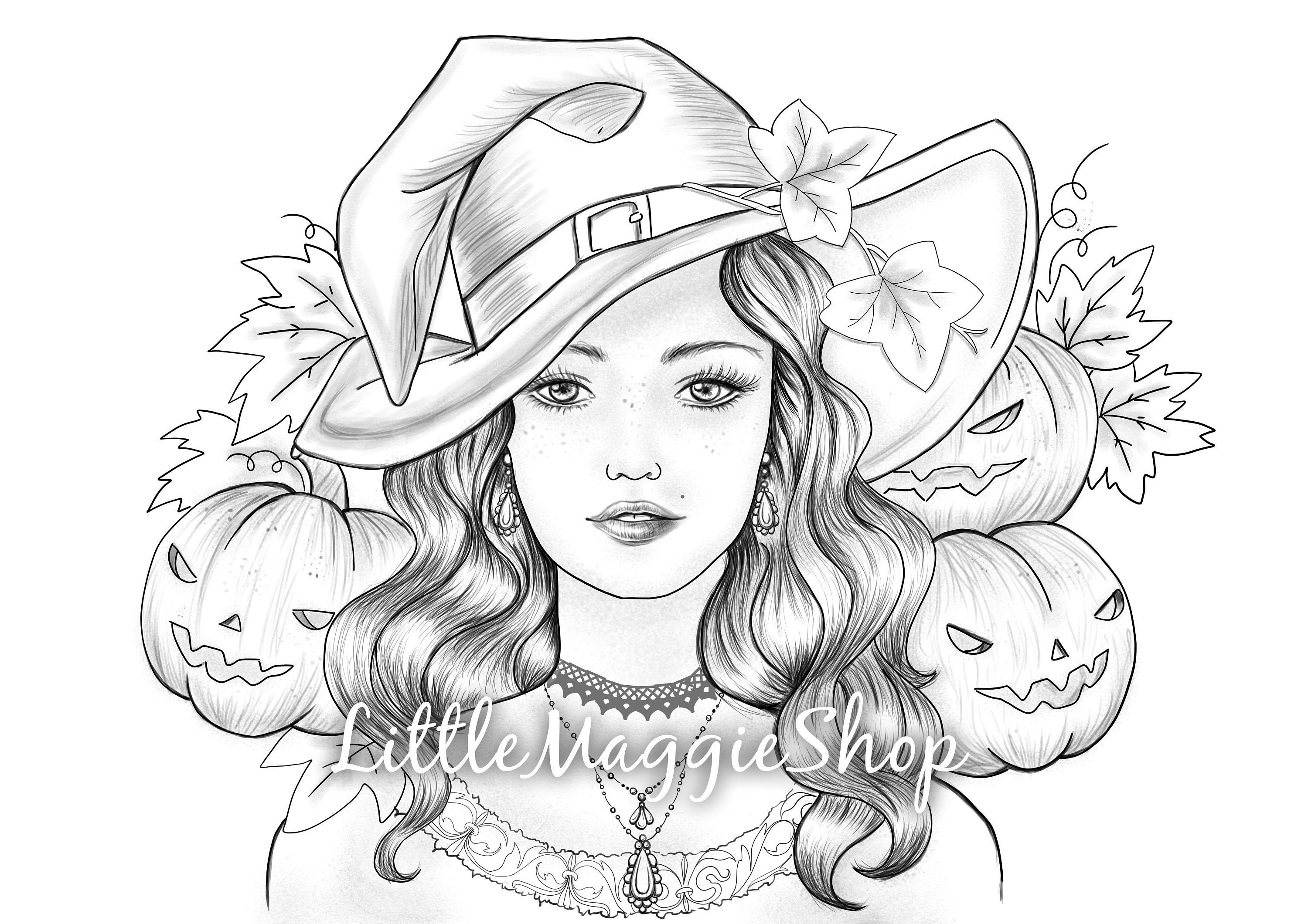 Coloring page halloween witch printable sheet halloween colouring page grayscale digital coloring stress relief digital stamp
