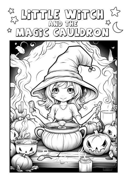 Little witch halloween coloring page template