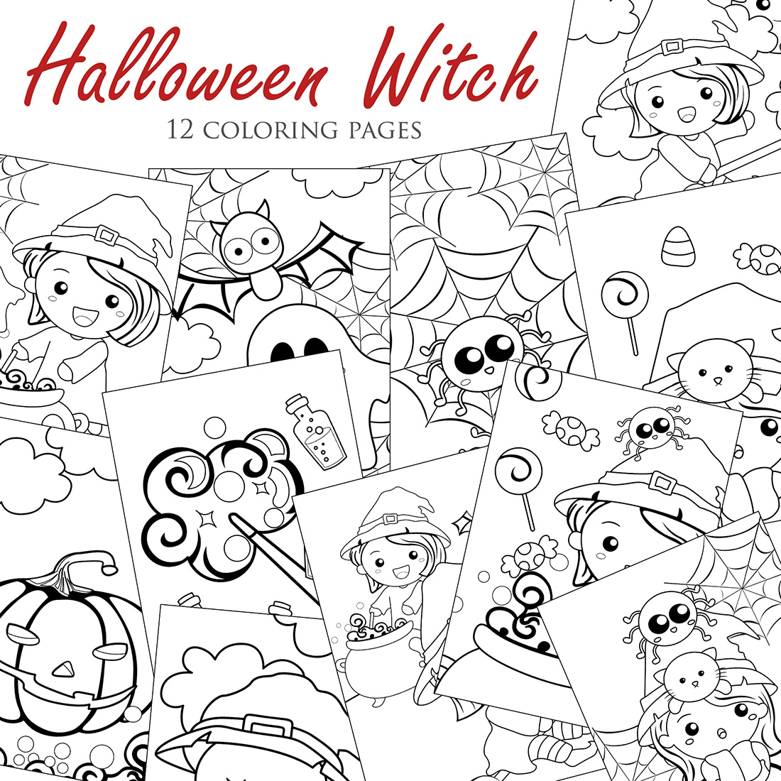 Cute girl wearing halloween witch costume for party coloring pages for kids and adult