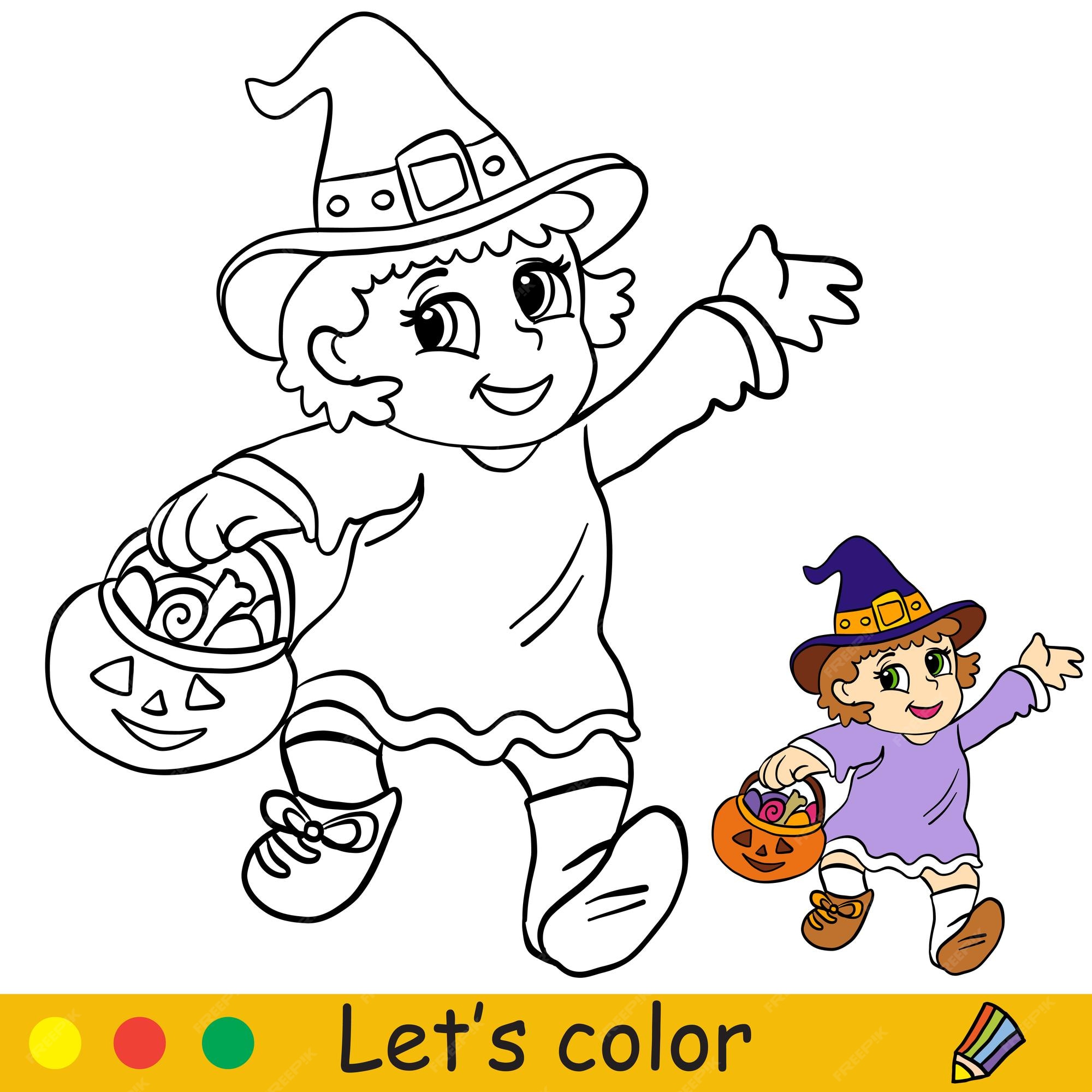 Premium vector halloween kids coloring with template a girl in a witch costume