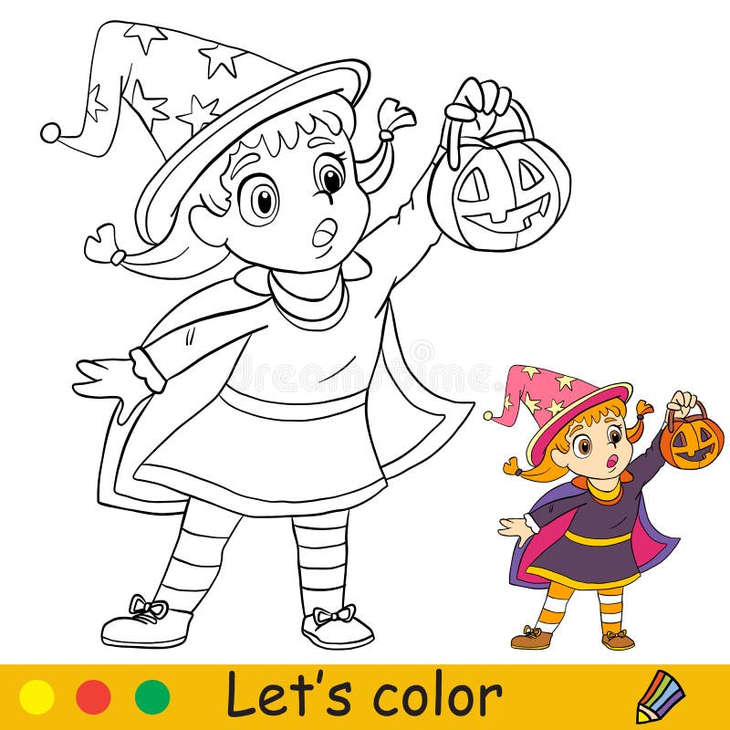 Kids coloring with template a halloween girl in a witch costume stock vector