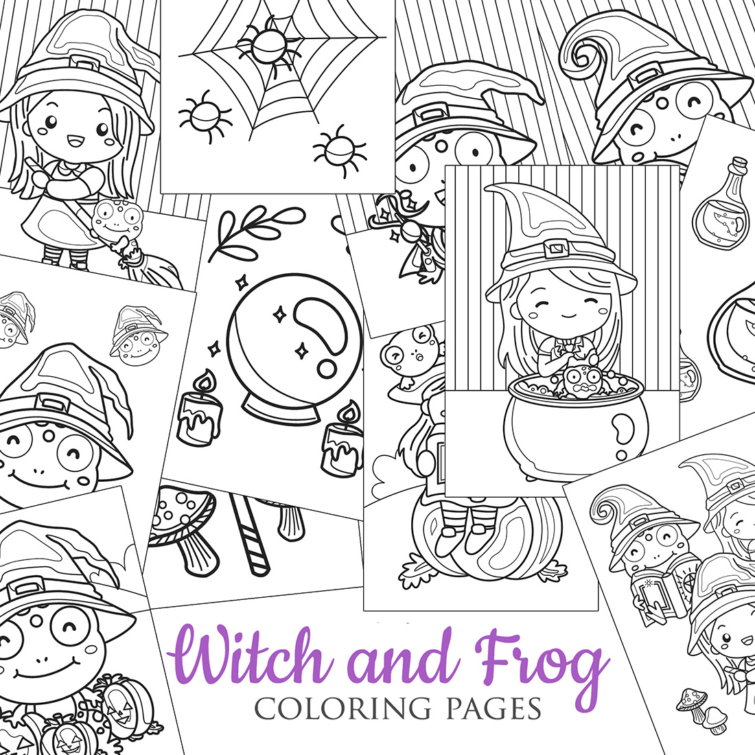 Cute halloween kids witch costume and frog animal cartoon coloring for kids and adult activity