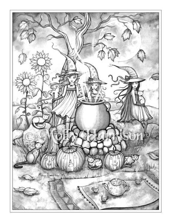 Witchy brew cute witches grayscale coloring page molly harrison printable instant download halloween coloring pages