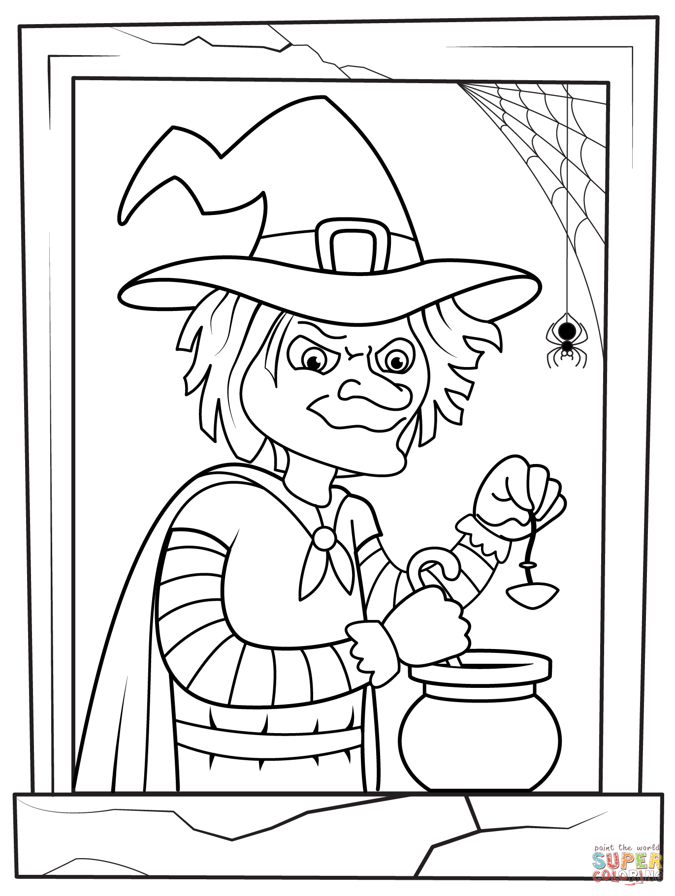 Halloween witch making potion at the window coloring page free printable coloring pages