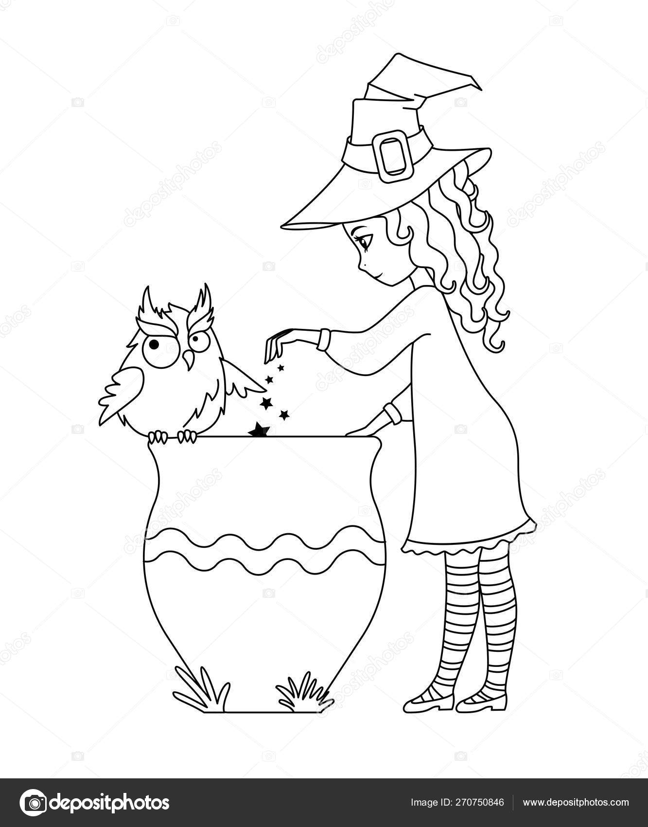 Coloring page witch with a cauldron and owl stock vector by blackspring