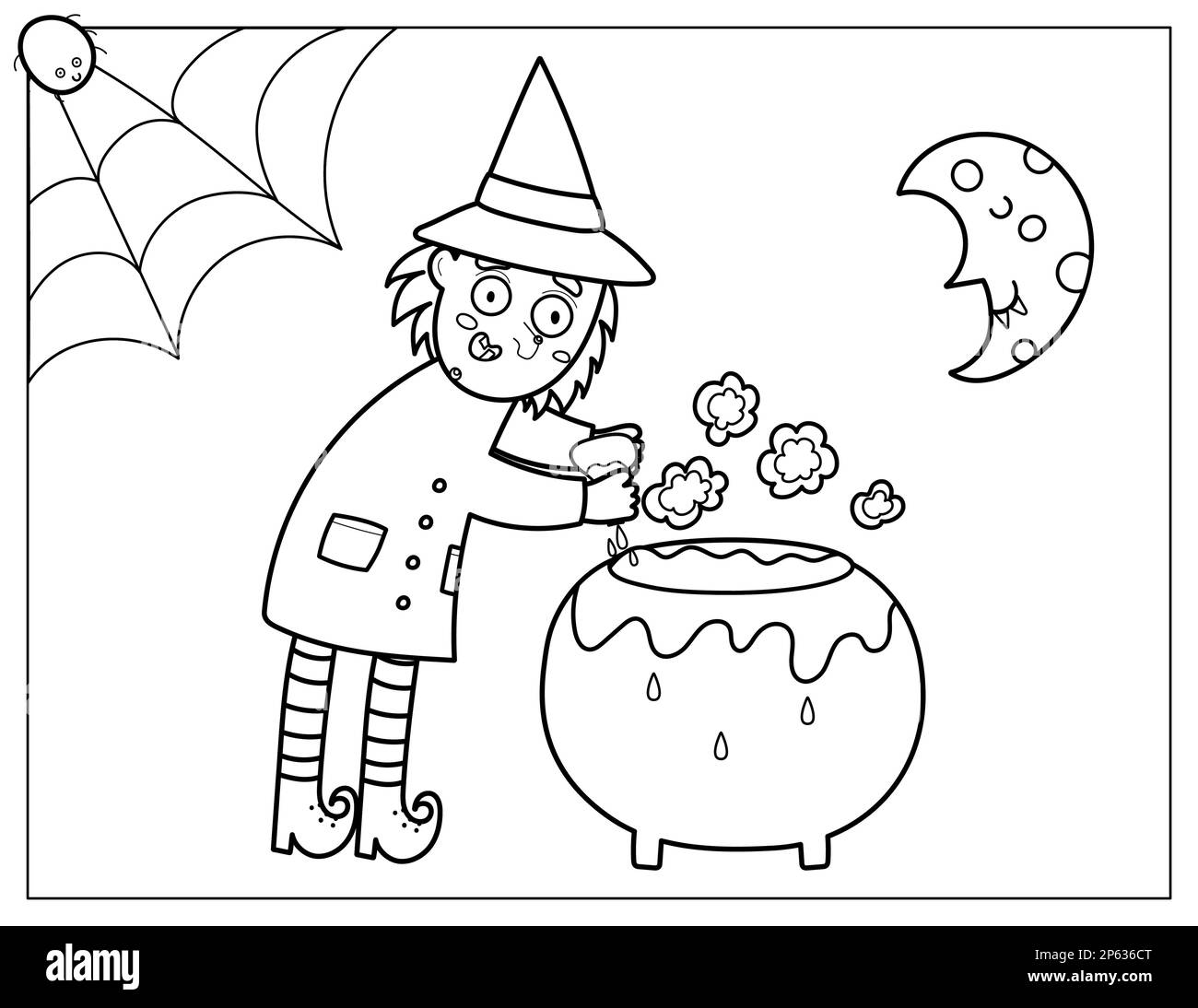 Halloween coloring page with a cute witch brewing a potion in a cauldron stock vector image art