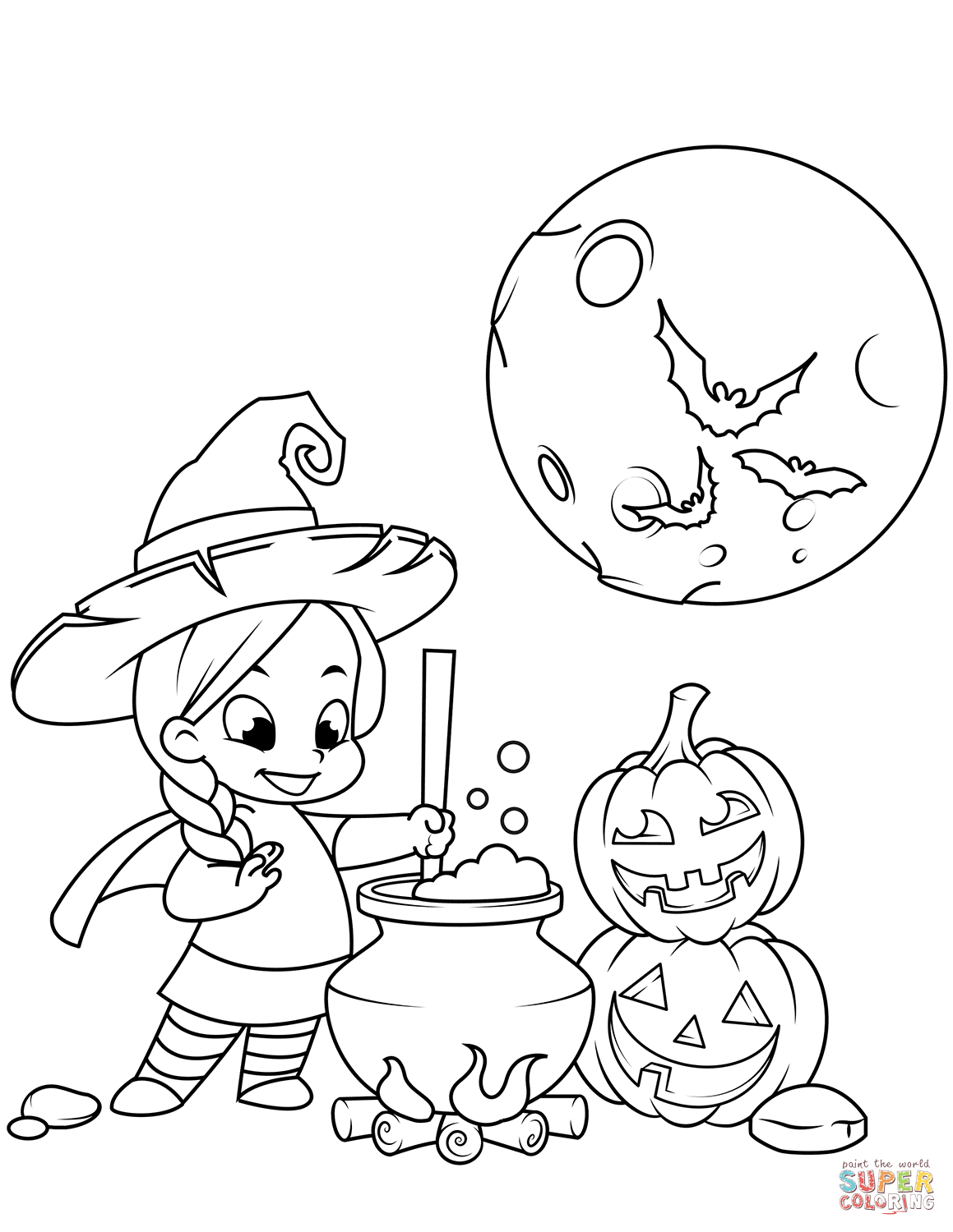 Cute little witch cooking a potion in a cauldron coloring page free printable coloring pages