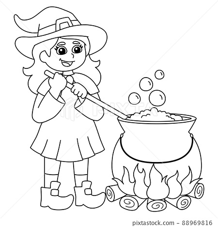 Witch potion pot halloween coloring page isolated