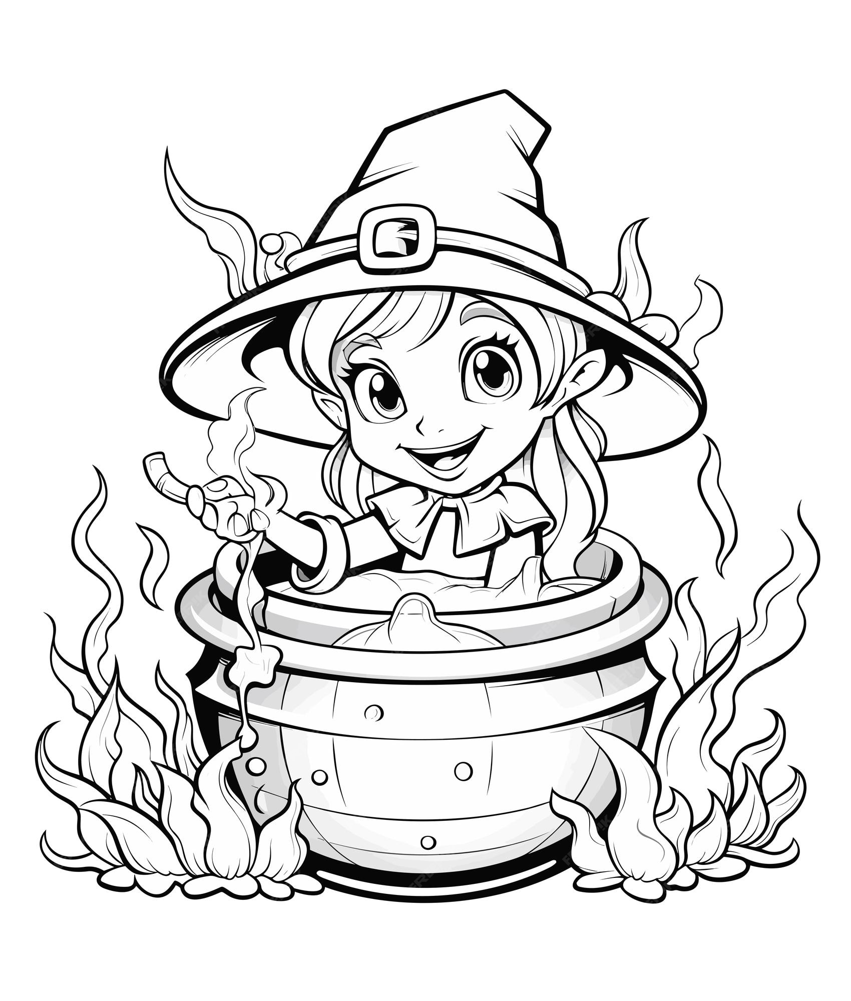 Premium vector cackling witch cauldron coloring page